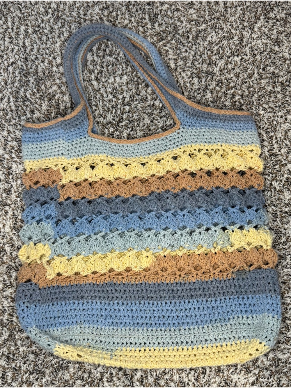 Handmade Crochet Tote Bag Blue Yellow Boho Knit Shoulder Bag Cottagecore